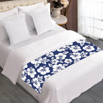 White Blue Hibiscus Floral Pattern Print Bed Runner