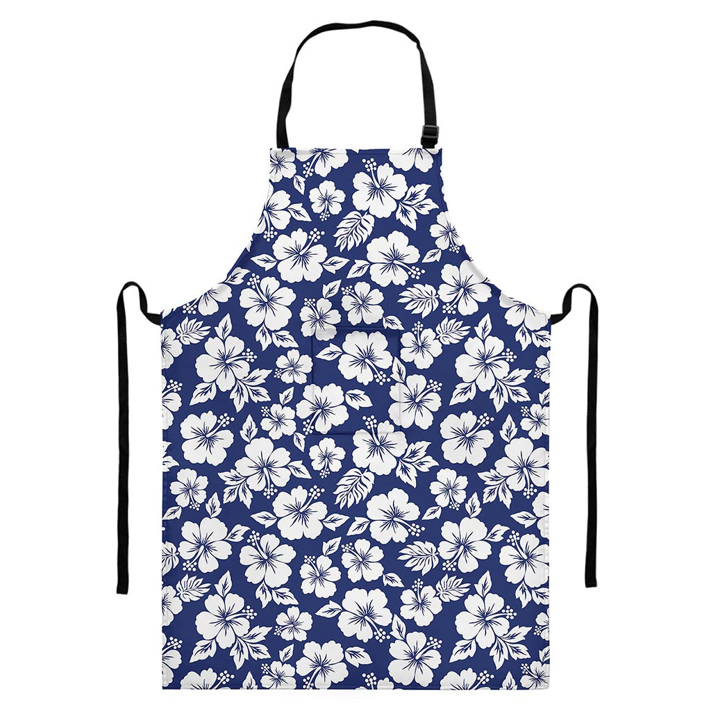 White Blue Hibiscus Floral Pattern Print Bib Apron With Pocket
