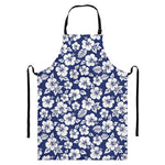 White Blue Hibiscus Floral Pattern Print Bib Apron With Pocket