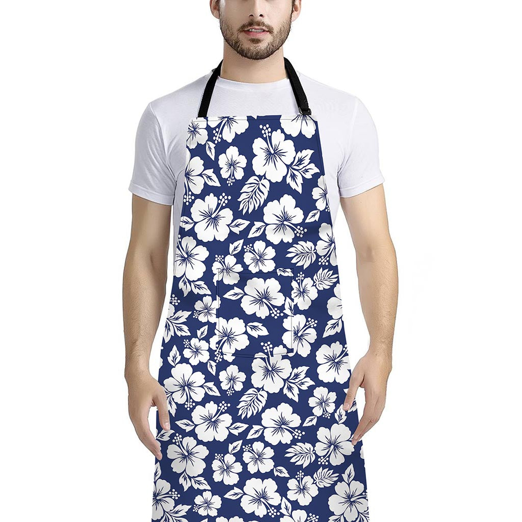White Blue Hibiscus Floral Pattern Print Bib Apron With Pocket