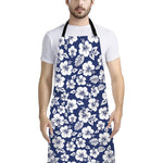 White Blue Hibiscus Floral Pattern Print Bib Apron With Pocket