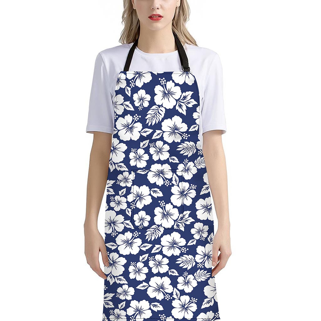 White Blue Hibiscus Floral Pattern Print Bib Apron With Pocket