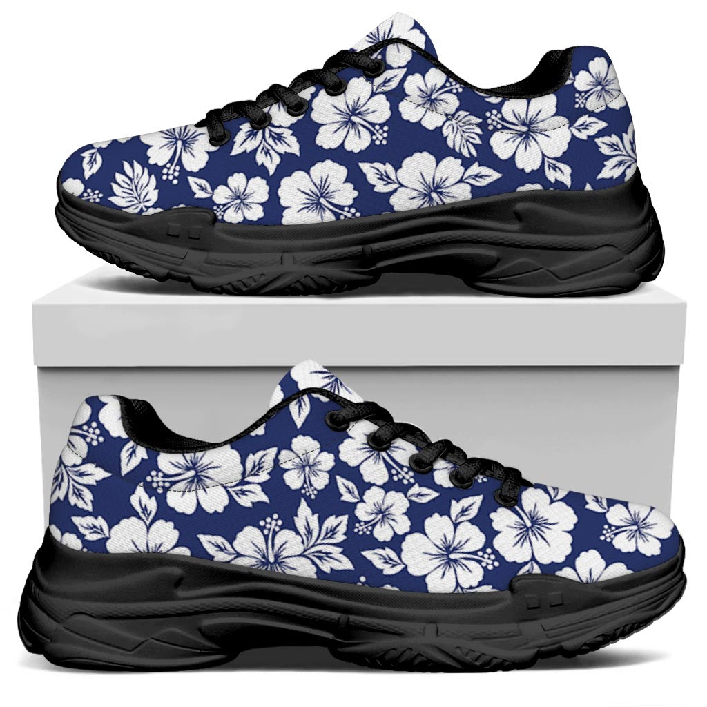 White Blue Hibiscus Floral Pattern Print Black Chunky Shoes