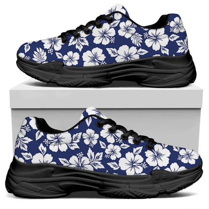 White Blue Hibiscus Floral Pattern Print Black Chunky Shoes