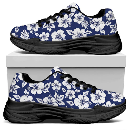 White Blue Hibiscus Floral Pattern Print Black Chunky Shoes
