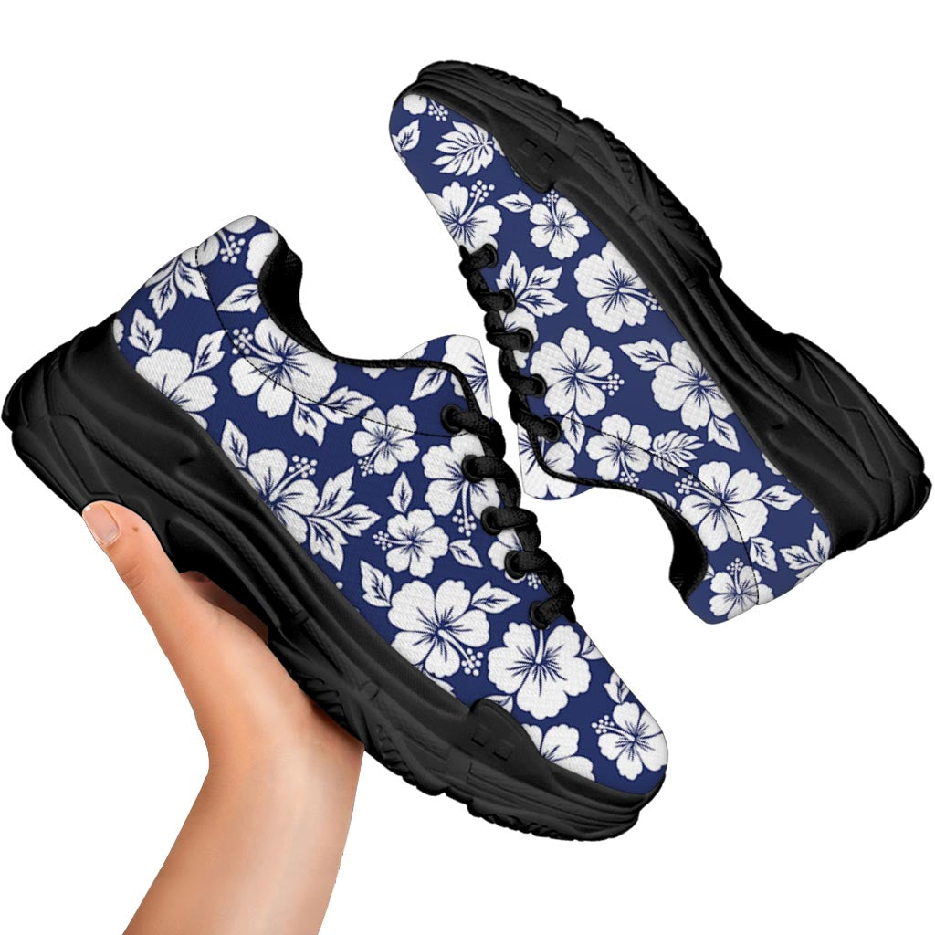 White Blue Hibiscus Floral Pattern Print Black Chunky Shoes