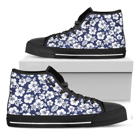 White Blue Hibiscus Floral Pattern Print Black High Top Sneakers