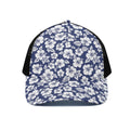 White Blue Hibiscus Floral Pattern Print Black Mesh Trucker Hat