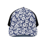 White Blue Hibiscus Floral Pattern Print Black Mesh Trucker Cap