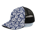 White Blue Hibiscus Floral Pattern Print Black Mesh Trucker Cap