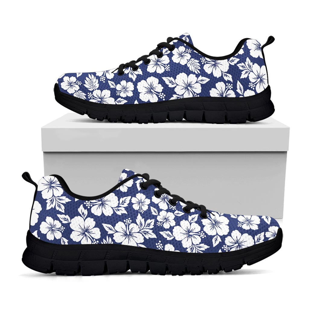 White Blue Hibiscus Floral Pattern Print Black Running Shoes