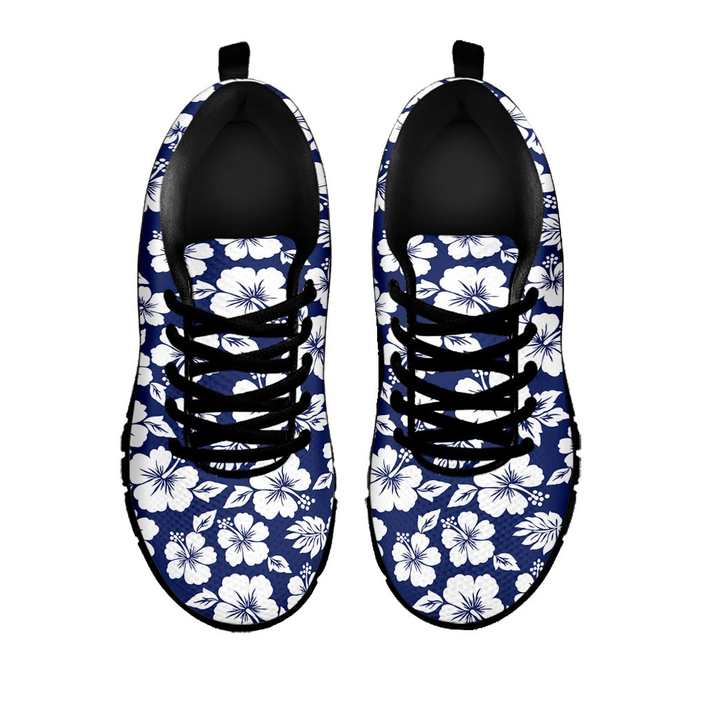 White Blue Hibiscus Floral Pattern Print Black Running Shoes