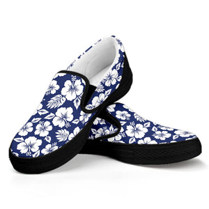 White Blue Hibiscus Floral Pattern Print Black Slip On Sneakers