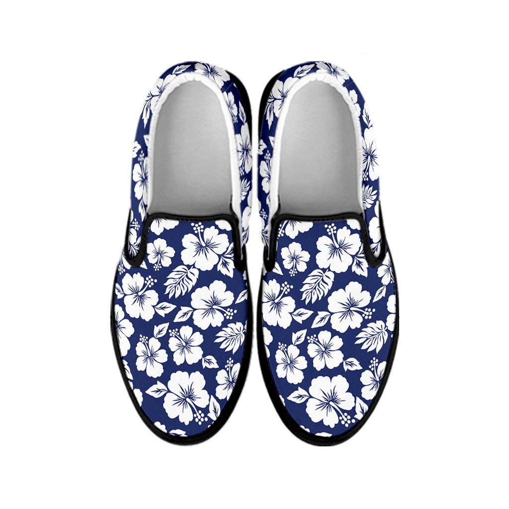 White Blue Hibiscus Floral Pattern Print Black Slip On Sneakers