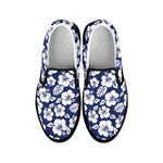 White Blue Hibiscus Floral Pattern Print Black Slip On Sneakers