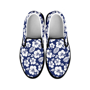 White Blue Hibiscus Floral Pattern Print Black Slip On Sneakers