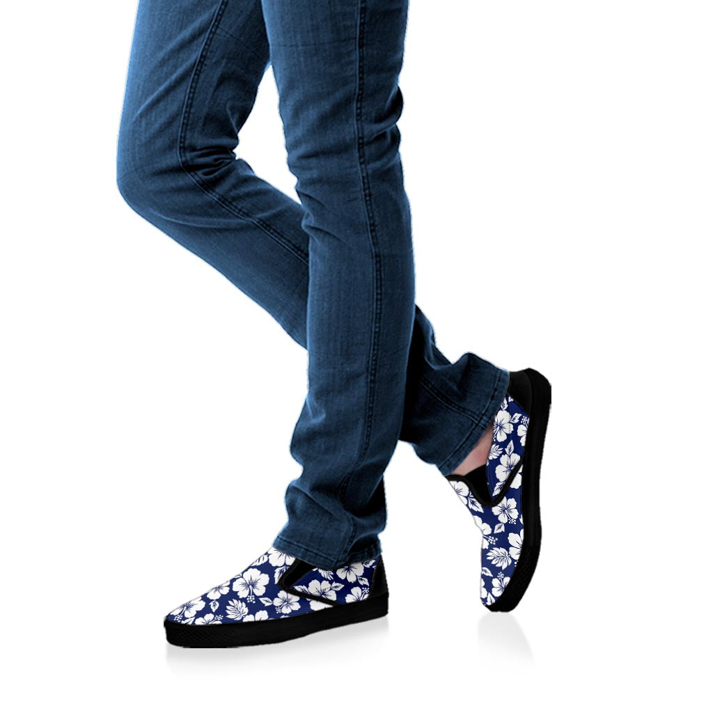 White Blue Hibiscus Floral Pattern Print Black Slip On Sneakers