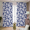 White Blue Hibiscus Floral Pattern Print Blackout Pencil Pleat Curtains