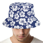 White Blue Hibiscus Floral Pattern Print Bucket Hat