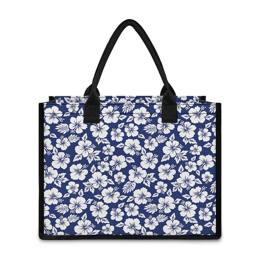 White Blue Hibiscus Floral Pattern Print Canvas Tote Bag