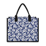 White Blue Hibiscus Floral Pattern Print Canvas Tote Bag
