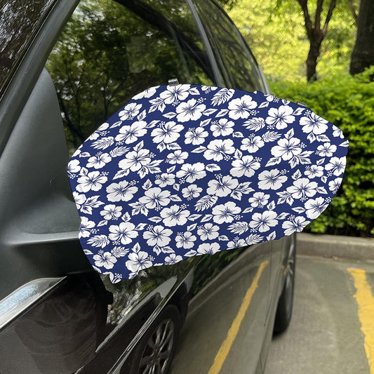 White Blue Hibiscus Floral Pattern Print Car Side Mirror Covers