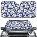 White Blue Hibiscus Floral Pattern Print Car Windshield Sun Shade
