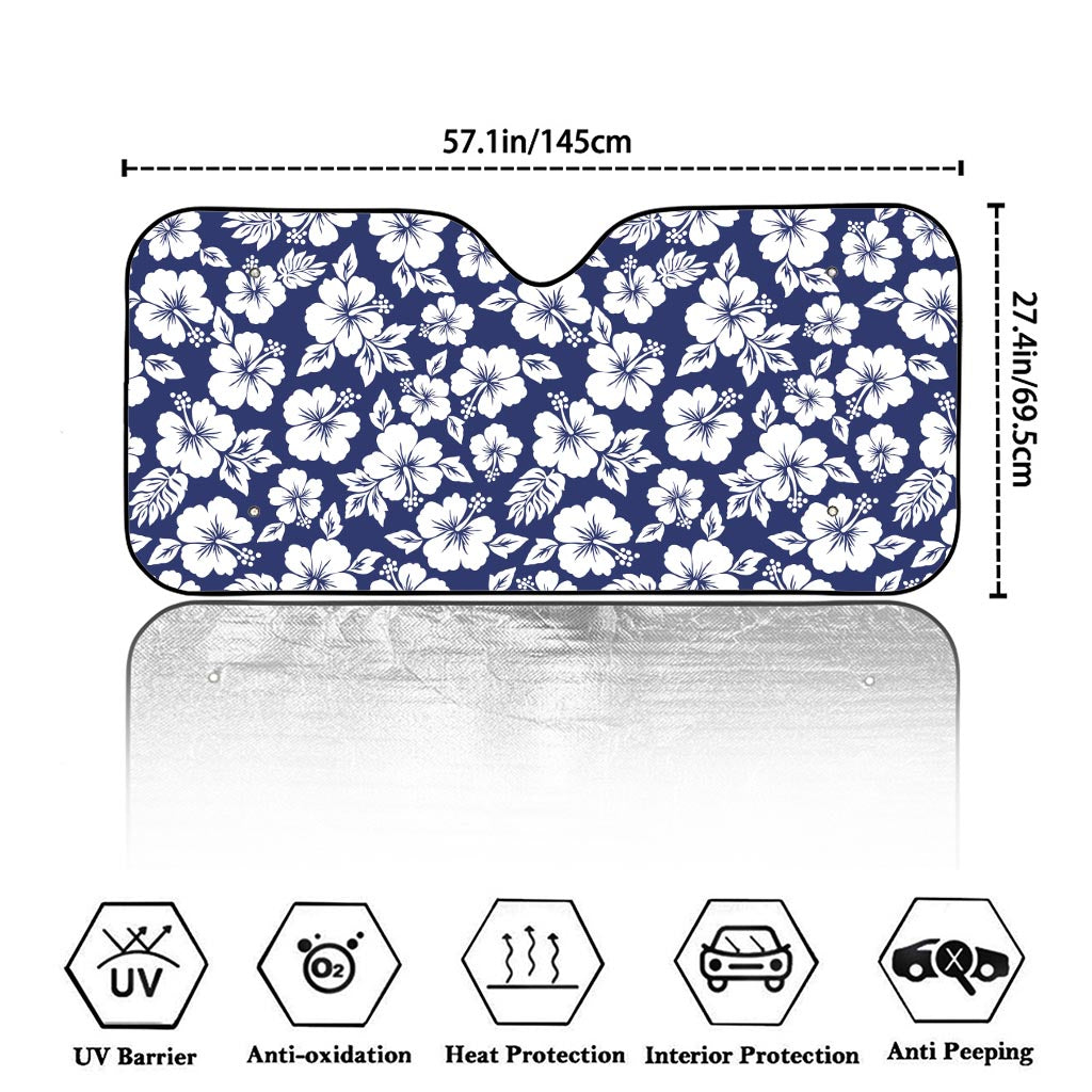 White Blue Hibiscus Floral Pattern Print Car Windshield Sun Shade