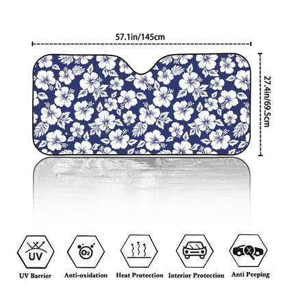 White Blue Hibiscus Floral Pattern Print Car Windshield Sun Shade