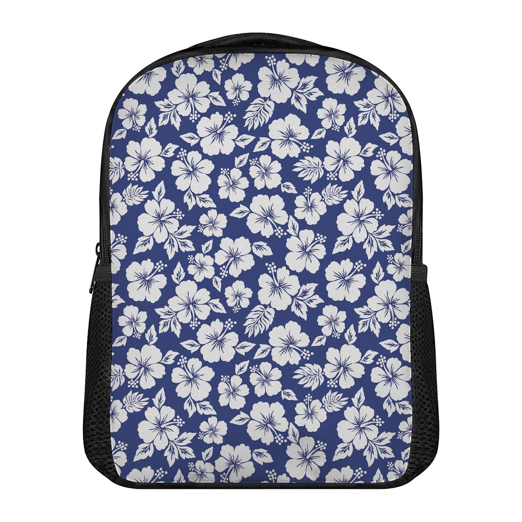 White Blue Hibiscus Floral Pattern Print Casual Backpack