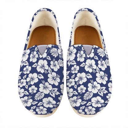 White Blue Hibiscus Floral Pattern Print Casual Shoes