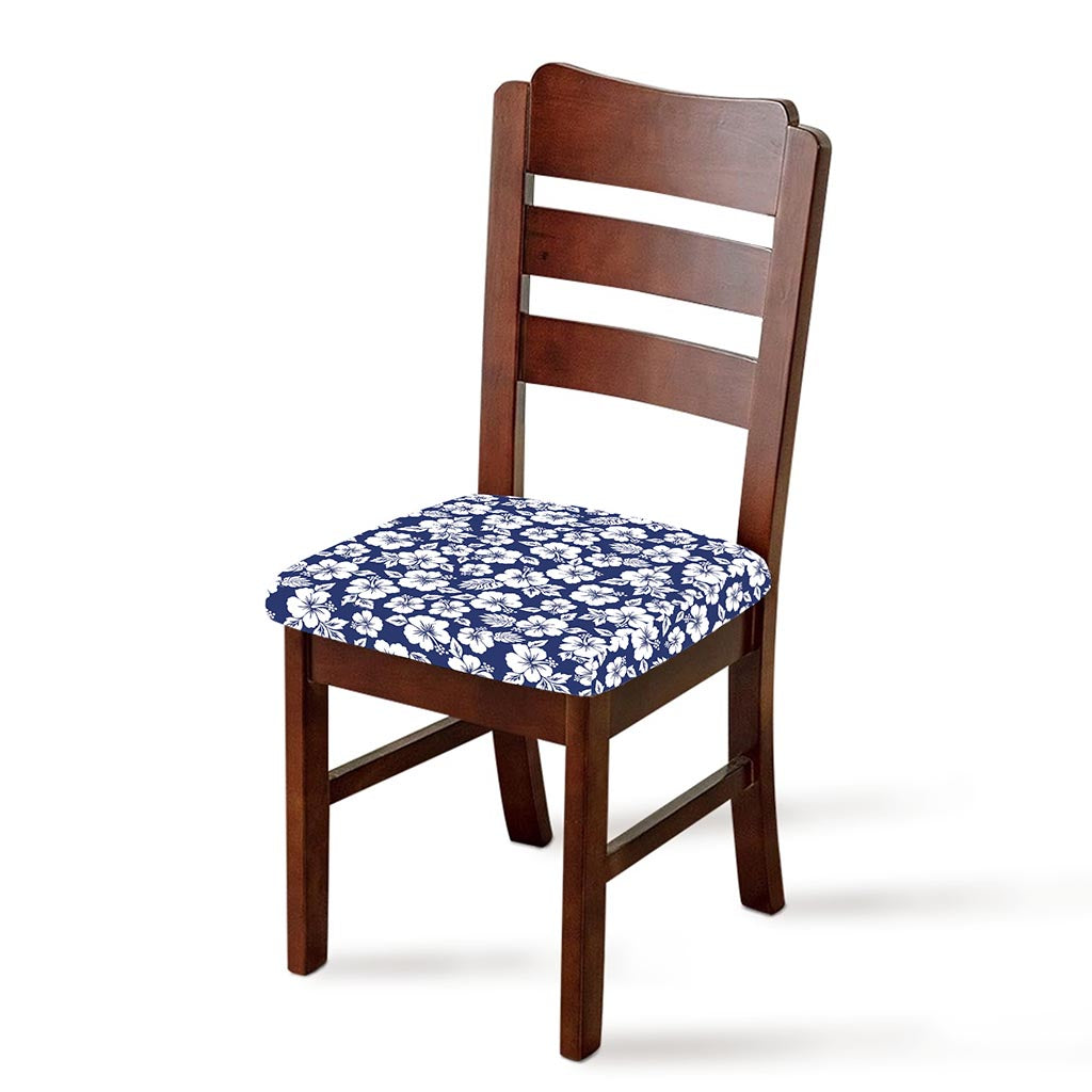 White Blue Hibiscus Floral Pattern Print Chair Cushion Cover