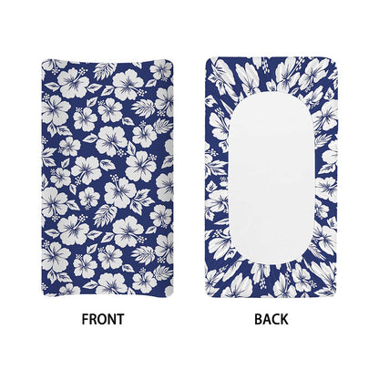 White Blue Hibiscus Floral Pattern Print Changing Pad Cover