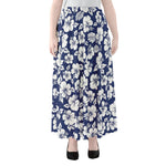 White Blue Hibiscus Floral Pattern Print Chiffon Maxi Skirt