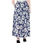 White Blue Hibiscus Floral Pattern Print Chiffon Maxi Skirt