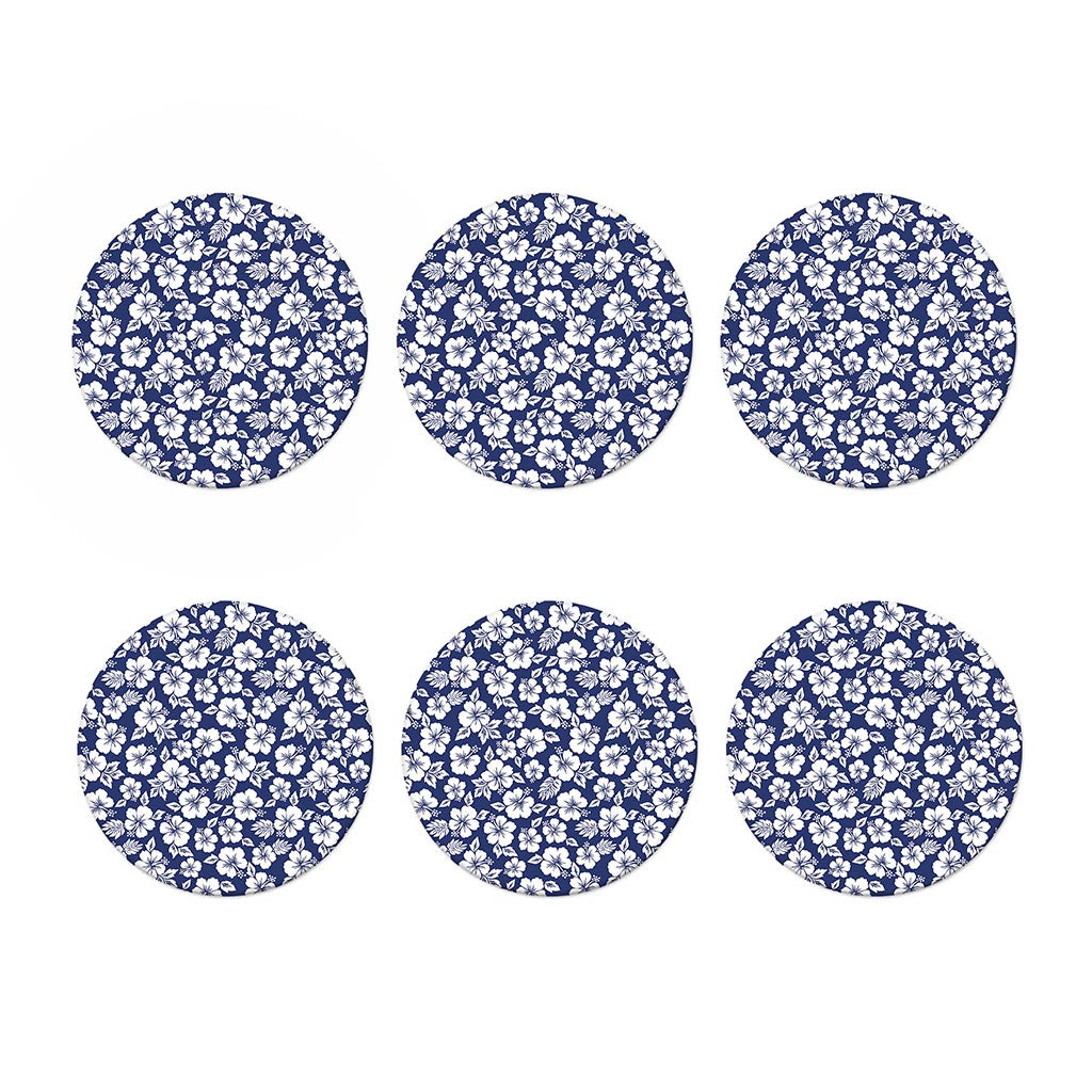 White Blue Hibiscus Floral Pattern Print Coaster Set