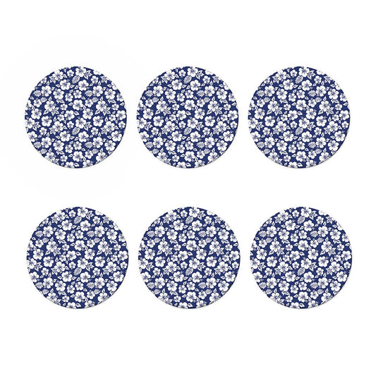 White Blue Hibiscus Floral Pattern Print Coaster Set