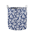 White Blue Hibiscus Floral Pattern Print Collapsible Laundry Basket