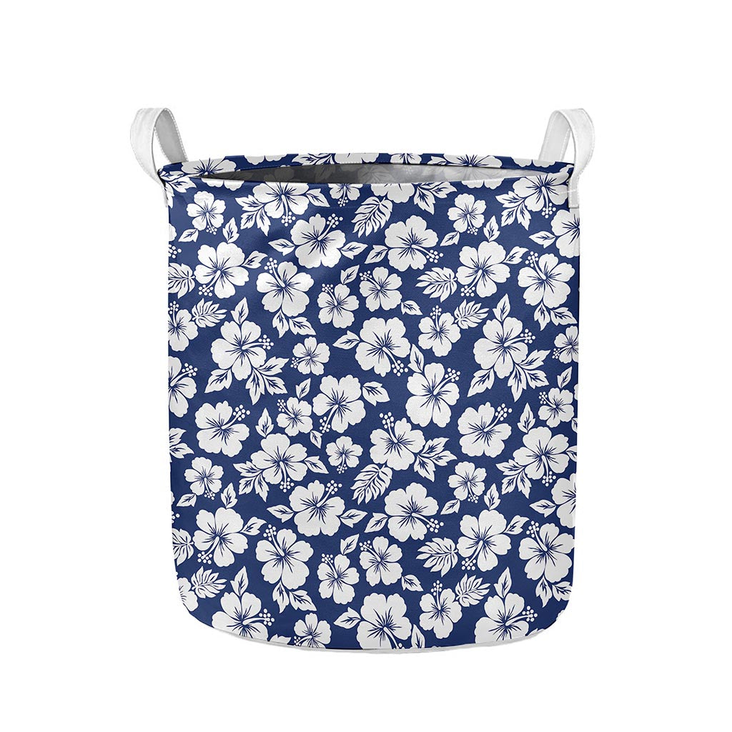 White Blue Hibiscus Floral Pattern Print Collapsible Laundry Basket