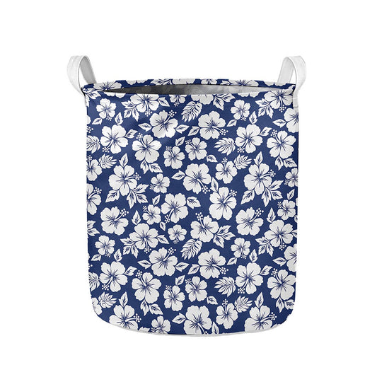 White Blue Hibiscus Floral Pattern Print Collapsible Laundry Basket