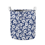 White Blue Hibiscus Floral Pattern Print Collapsible Laundry Basket