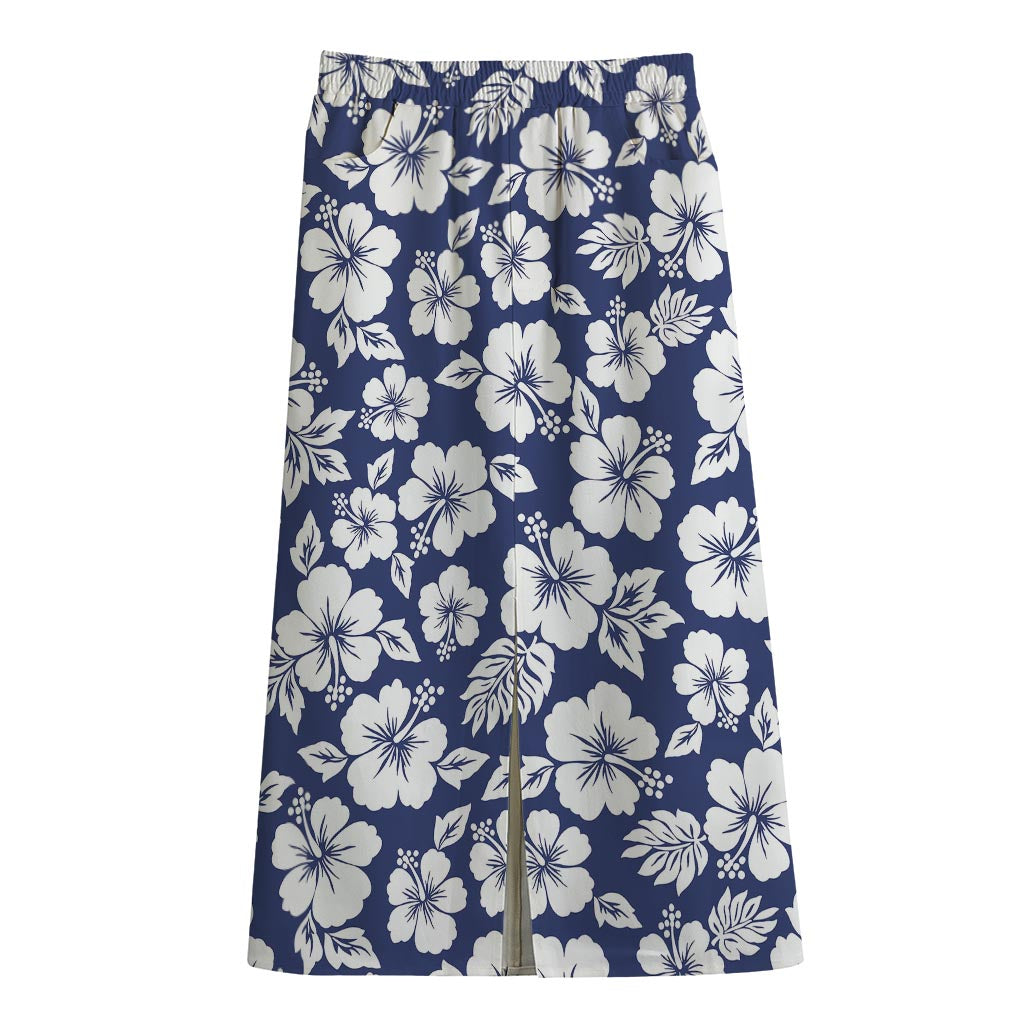 White Blue Hibiscus Floral Pattern Print Cotton Front Slit Maxi Skirt
