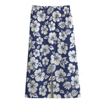 White Blue Hibiscus Floral Pattern Print Cotton Front Slit Maxi Skirt