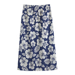 White Blue Hibiscus Floral Pattern Print Cotton Front Slit Maxi Skirt