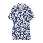White Blue Hibiscus Floral Pattern Print Cotton Hawaiian Shirt