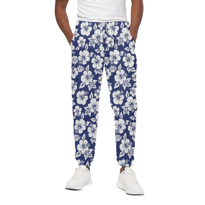 White Blue Hibiscus Floral Pattern Print Cotton Pants