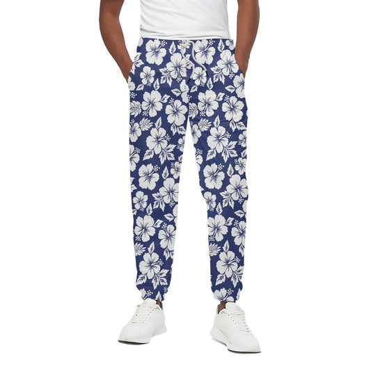White Blue Hibiscus Floral Pattern Print Cotton Pants