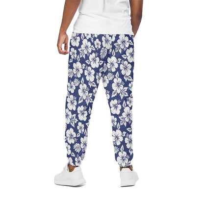 White Blue Hibiscus Floral Pattern Print Cotton Pants