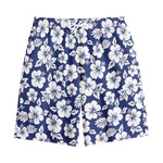 White Blue Hibiscus Floral Pattern Print Cotton Shorts