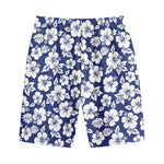 White Blue Hibiscus Floral Pattern Print Cotton Shorts